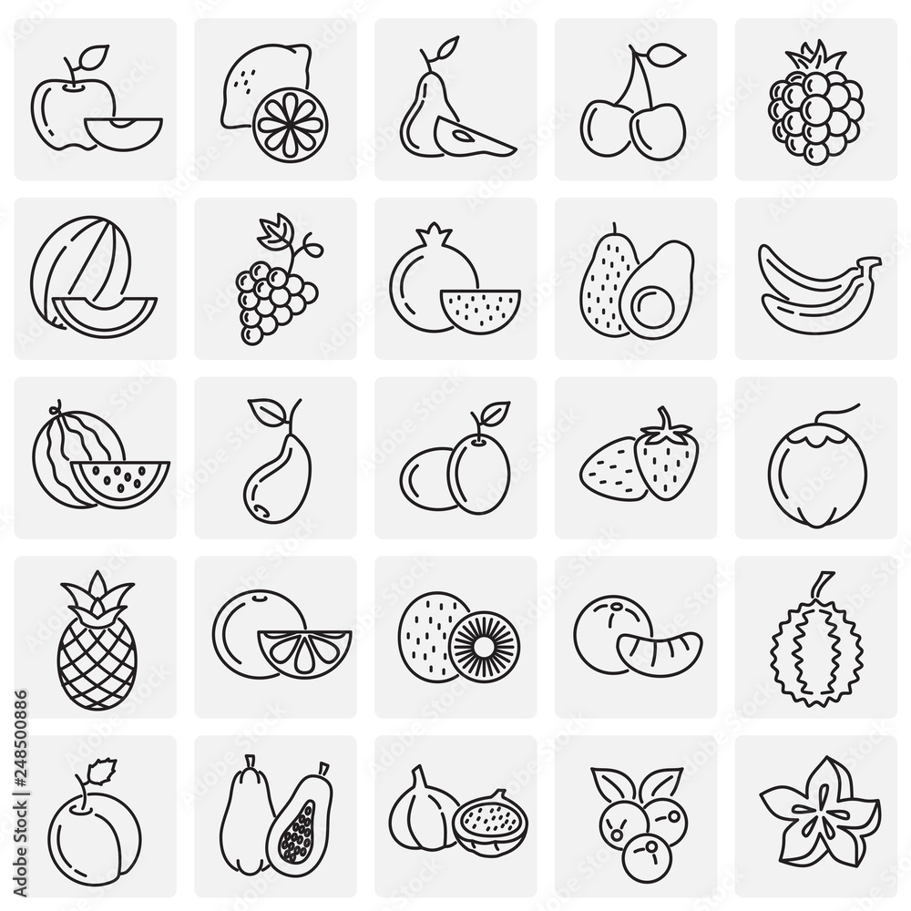 Fruit icons set on squares background for graphic and web design, Modern simple vector sign. Internet concept. Trendy symbol for website design web button or mobile app Fruit icons set on squares background for graphic and web design, Modern simple vector sign. Internet concept. Trendy symbol for website design web button or mobile app