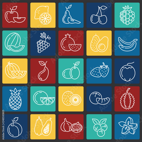 Fruit icons set on color squares background for graphic and web design  Modern simple vector sign. Internet concept. Trendy symbol for website design web button or mobile app