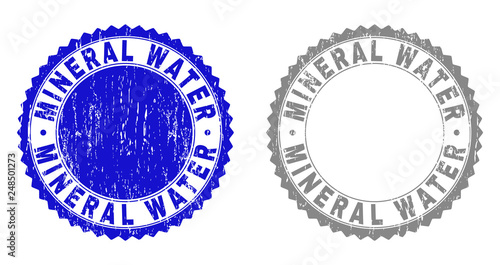 Grunge MINERAL WATER stamp seals isolated on a white background. Rosette seals with grunge texture in blue and grey colors. Vector rubber stamp imprint of MINERAL WATER tag inside round rosette.