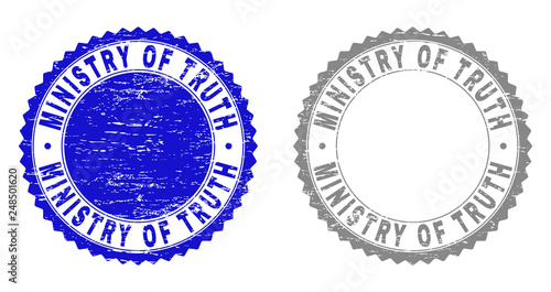 Grunge MINISTRY OF TRUTH stamp seals isolated on a white background. Rosette seals with grunge texture in blue and gray colors.