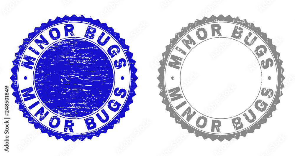 Grunge MINOR BUGS stamp seals isolated on a white background. Rosette seals with distress texture in blue and grey colors. Vector rubber stamp imitation of MINOR BUGS tag inside round rosette.