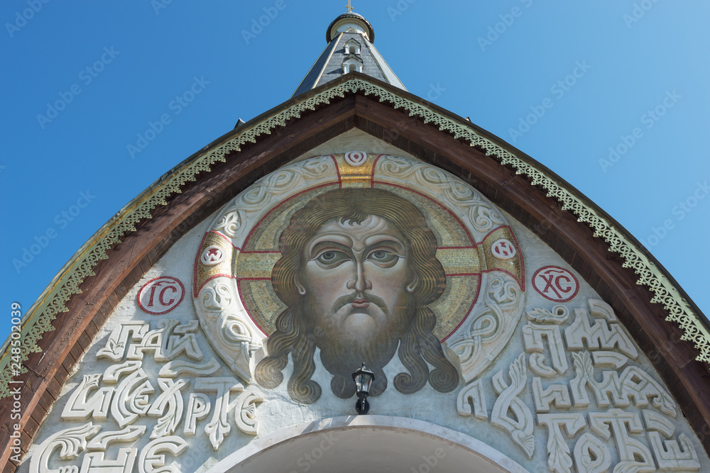 The face of Jesus Christ at the main entrance. The wonderful island Valaam is located on Lake Lodozhskoye, Karelia. Balaam - a step to heaven