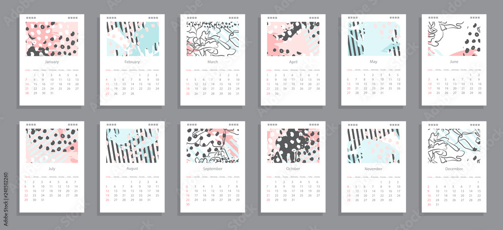 Design of wall monthly Calendar for 2019 year. Hand drawn pastel background.  Set of creative 12 calendar pages. Print Template, week starts Sunday.  Stock Vector | Adobe Stock