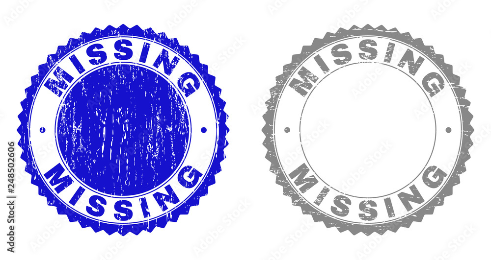 Grunge MISSING stamp seals isolated on a white background. Rosette seals with grunge texture in blue and gray colors. Vector rubber stamp imitation of MISSING caption inside round rosette.