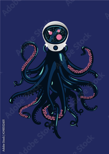 Alien astronaut in space suit. Invander moster in helmet. Vintage sci-fi poster. UFO vector clip art.