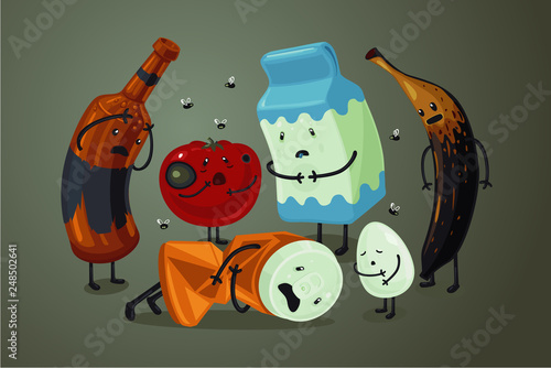 Garbage and trash cartoon character. Landfill vector background. Spoiled food illustration.