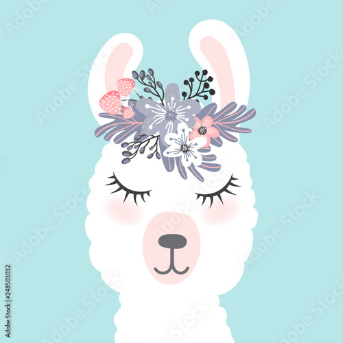 Cute  little white lama head with flower crown. Vector hand drawn illustration for card and shirt design, fabric textile.