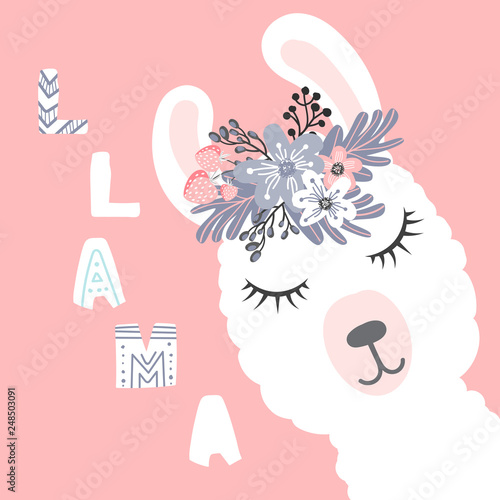 Cute  little white lama head with flower crown. Vector hand drawn illustration for card and shirt design, fabric textile.