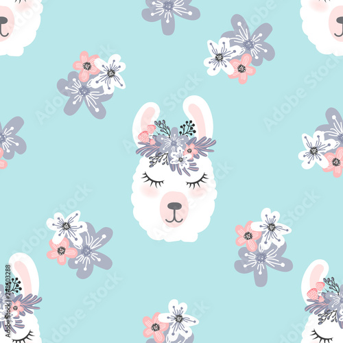 Cute  little white lama head with flower crown. Vector hand drawn seamless pattern for card and shirt design, fabric textile.