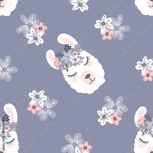 Cute  little white lama head with flower crown. Vector hand drawn seamless pattern for card and shirt design, fabric textile.