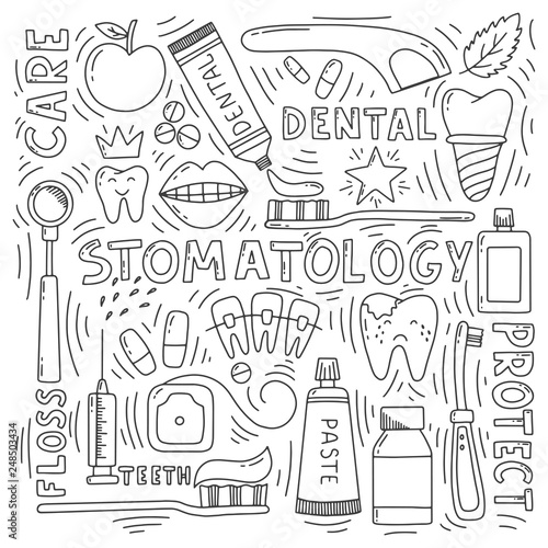 Stomatology doodle set with lettering