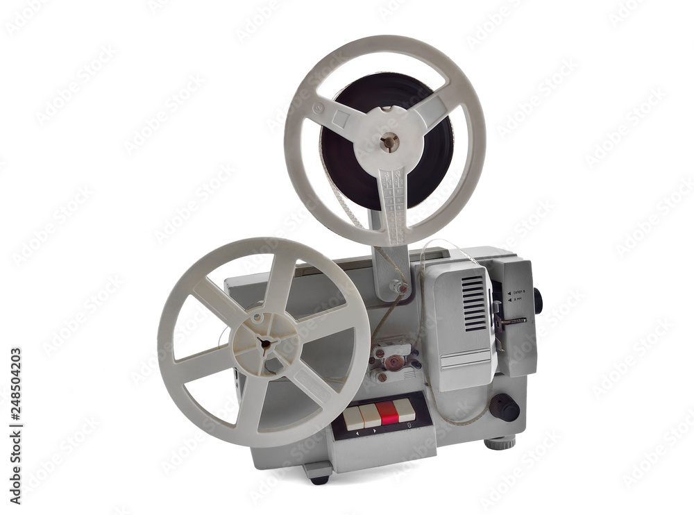 Vintage film projector with Spools isolated on white background