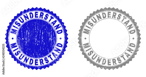 Grunge MISUNDERSTAND stamp seals isolated on a white background. Rosette seals with grunge texture in blue and gray colors. Vector rubber stamp imprint of MISUNDERSTAND tag inside round rosette.