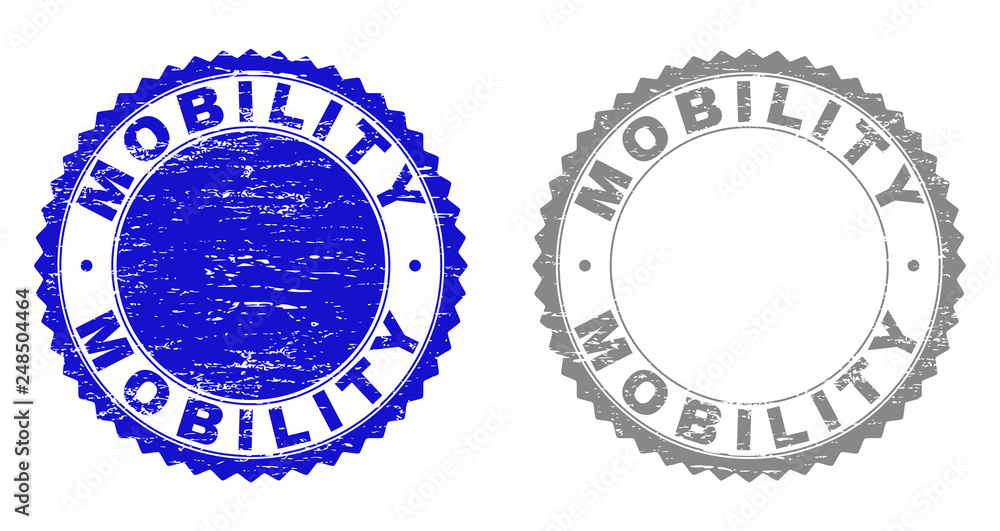 Grunge MOBILITY stamp seals isolated on a white background. Rosette seals with grunge texture in blue and grey colors. Vector rubber stamp imprint of MOBILITY caption inside round rosette. Grunge MOBILITY stamp seals isolated on a white background. Rosette seals with grunge texture in blue and grey colors. Vector rubber stamp imprint of MOBILITY caption inside round rosette.