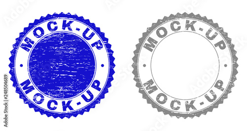 Grunge MOCK-UP stamp seals isolated on a white background. Rosette seals with grunge texture in blue and gray colors. Vector rubber stamp imprint of MOCK-UP label inside round rosette.