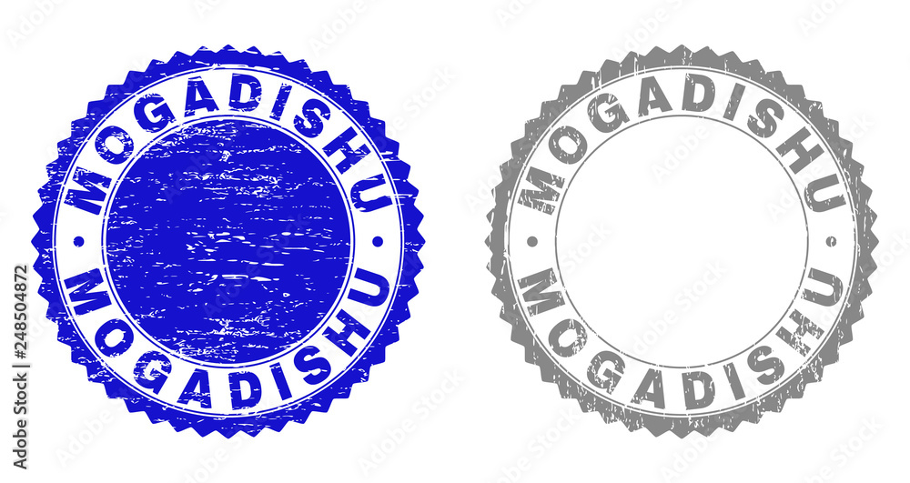 Grunge MOGADISHU watermarks isolated on a white background. Rosette seals with grunge texture in blue and gray colors. Vector rubber stamp imprint of MOGADISHU title inside round rosette.
