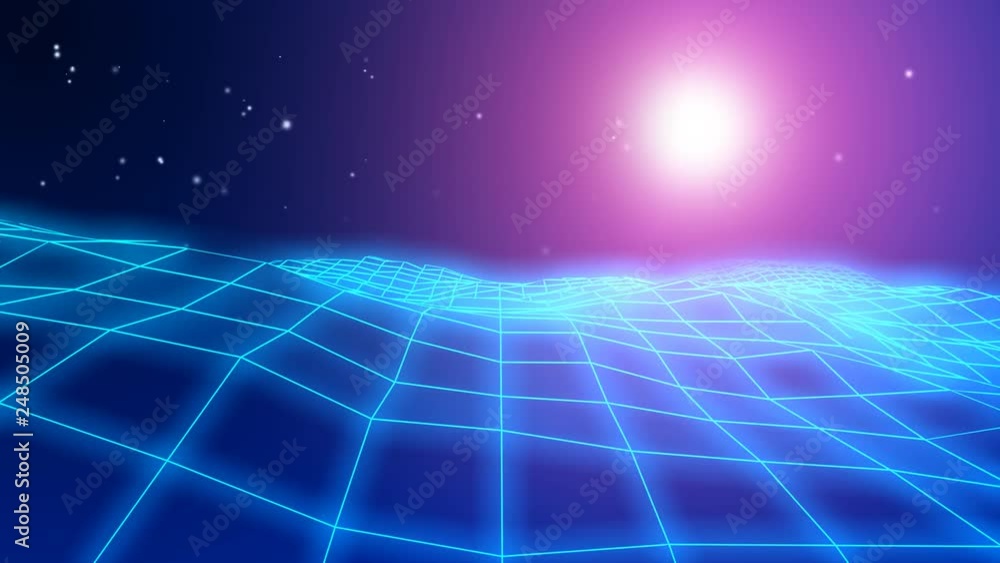 Retro 1980s synthwave glowing neon lights landscape fly-over animation - seamless loopable Retro 1980s synthwave glowing neon lights landscape fly-over animation - seamless loopable