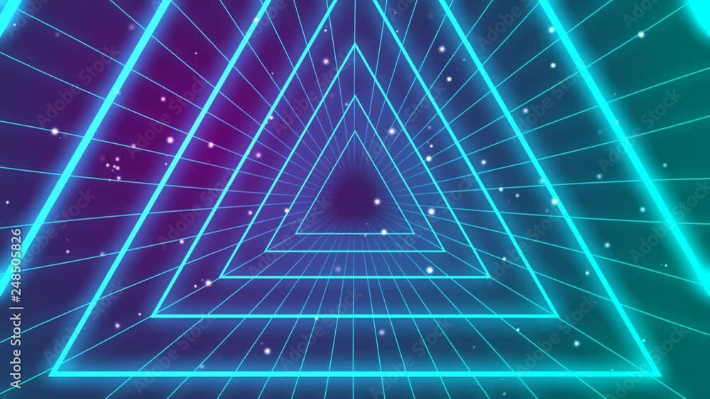 Retro 1980s synthwave glowing neon lights triangle tunnel fly-thru animation - seamless loopable