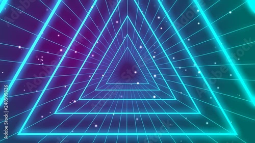Retro 1980s synthwave glowing neon lights triangle tunnel fly-thru animation - seamless loopable