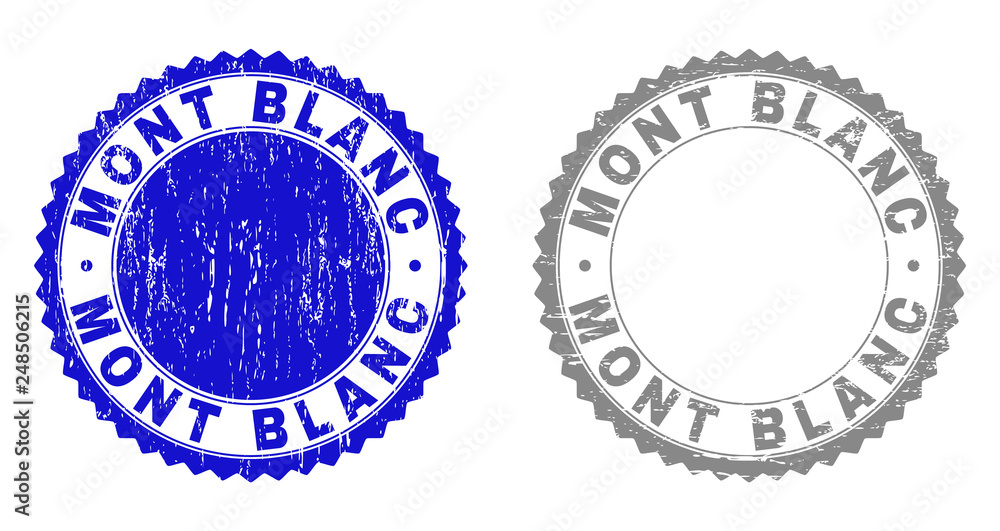Grunge MONT BLANC stamp seals isolated on a white background. Rosette seals with distress texture in blue and gray colors. Vector rubber stamp imprint of MONT BLANC label inside round rosette.