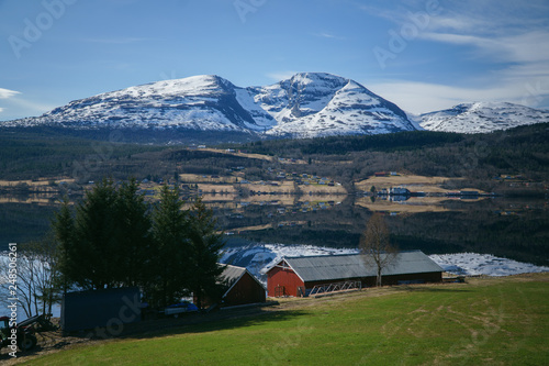 Norway beautiful spring landscape. Mountains reflection in calm water of fjord. photo