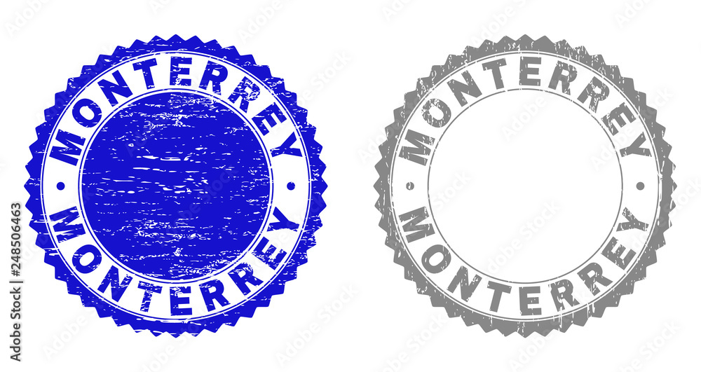 Grunge MONTERREY stamp seals isolated on a white background. Rosette seals with grunge texture in blue and gray colors. Vector rubber watermark of MONTERREY label inside round rosette. Grunge MONTERREY stamp seals isolated on a white background. Rosette seals with grunge texture in blue and gray colors. Vector rubber watermark of MONTERREY label inside round rosette.