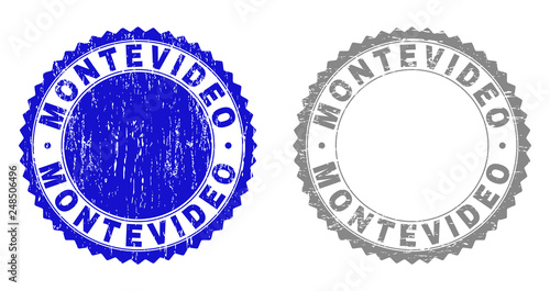 Grunge MONTEVIDEO stamp seals isolated on a white background. Rosette seals with distress texture in blue and gray colors. Vector rubber stamp imitation of MONTEVIDEO label inside round rosette.