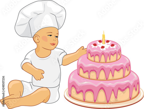 Cute baby confectioner with birthday cake