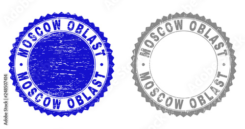 Grunge MOSCOW OBLAST stamp seals isolated on a white background. Rosette seals with grunge texture in blue and grey colors. Vector rubber stamp imprint of MOSCOW OBLAST label inside round rosette.