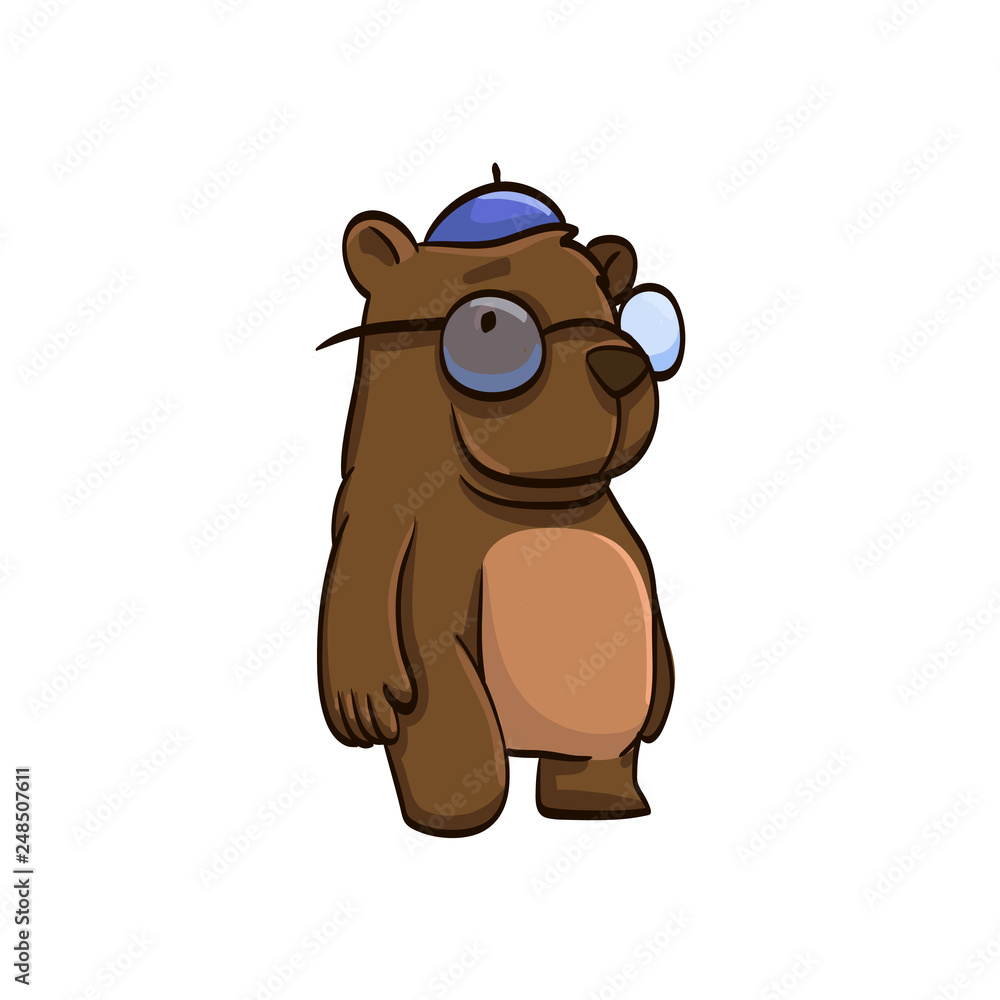 Naklejka premium bear in glasses and cap cartoon colorful funny animal