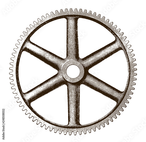 Antique iron gear or cog in frontal view, after an engraving or etching from the 19th century