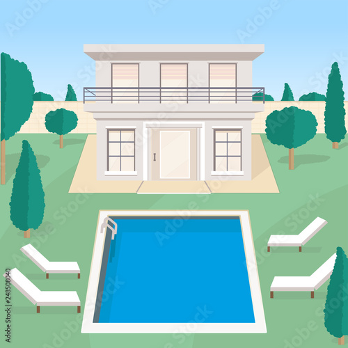 Modern house with a balcony, swimming pool, lawn and trees. Flat minimal style vector illustration.