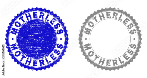 Grunge MOTHERLESS stamp seals isolated on a white background. Rosette seals with grunge texture in blue and gray colors. Vector rubber stamp imprint of MOTHERLESS text inside round rosette.