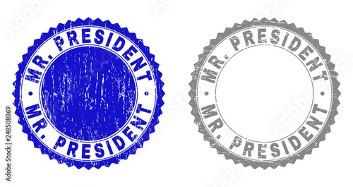 Grunge MR. PRESIDENT stamp seals isolated on a white background. Rosette seals with grunge texture in blue and gray colors. Vector rubber stamp imprint of MR. PRESIDENT label inside round rosette.