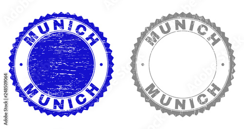 Grunge MUNICH stamp seals isolated on a white background. Rosette seals with grunge texture in blue and gray colors. Vector rubber stamp imprint of MUNICH label inside round rosette.