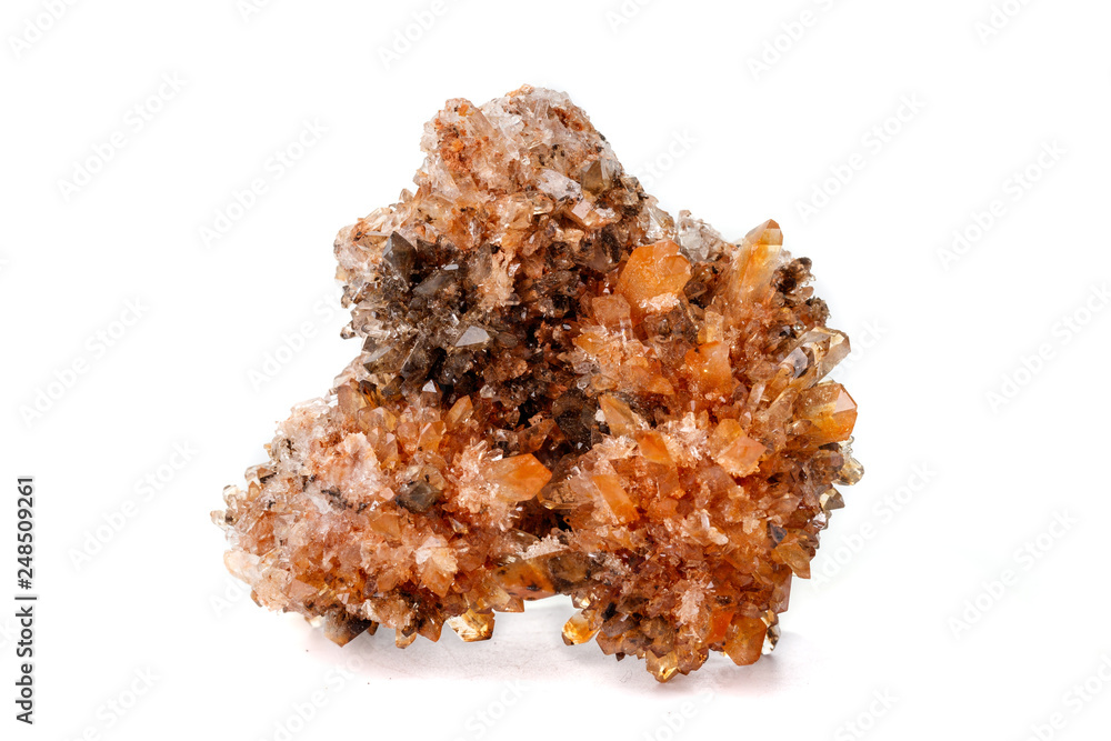 Macro of mineral stone Creedite on microcline on white background