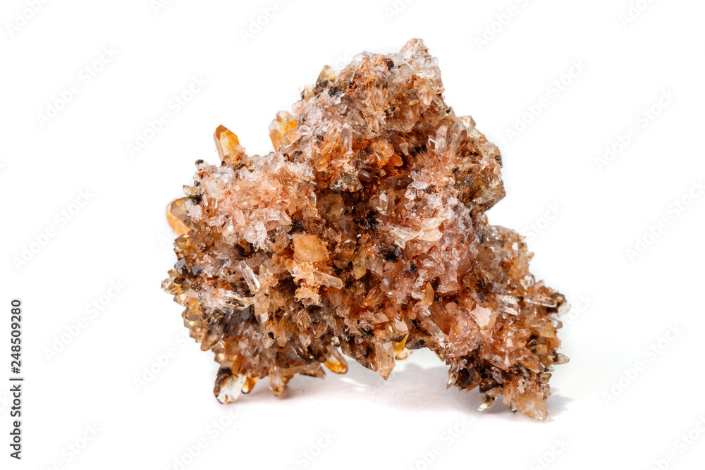 Macro of mineral stone Creedite on microcline on white background Macro of mineral stone Creedite on microcline on white background