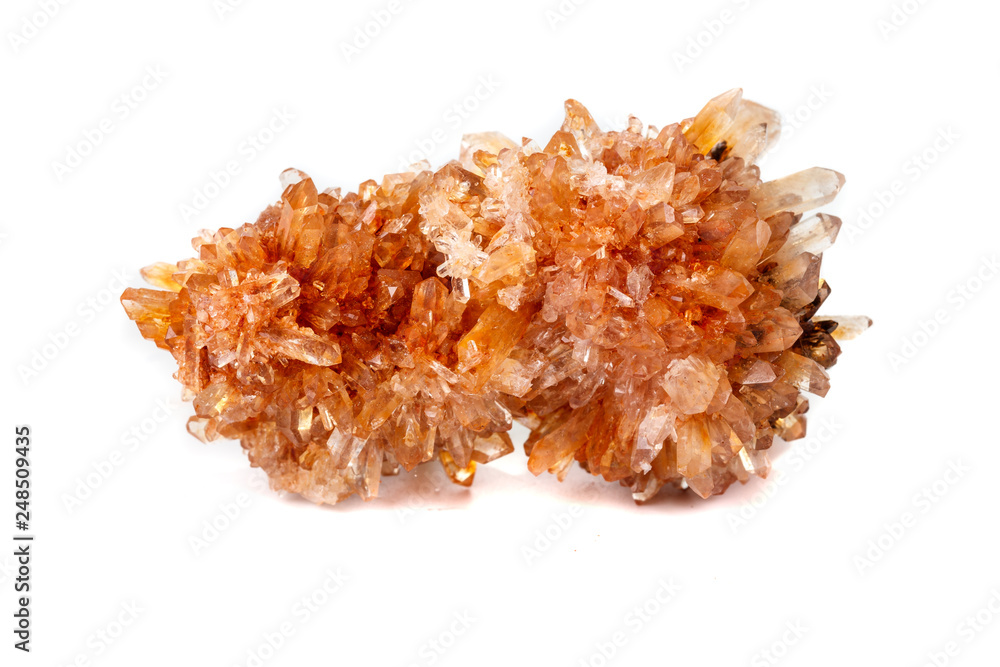 Macro of mineral stone Creedite on microcline on white background Macro of mineral stone Creedite on microcline on white background