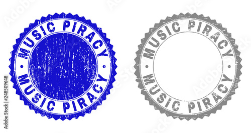 Grunge MUSIC PIRACY stamp seals isolated on a white background. Rosette seals with grunge texture in blue and gray colors. Vector rubber stamp imprint of MUSIC PIRACY tag inside round rosette.