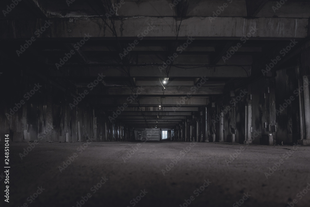 scary night underground parking. tunnel at night