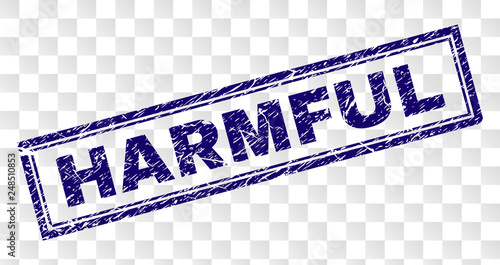 HARMFUL stamp seal print with rubber print style and double framed rectangle shape. Stamp is placed on a transparent background. Blue vector rubber print of HARMFUL tag with scratched texture.