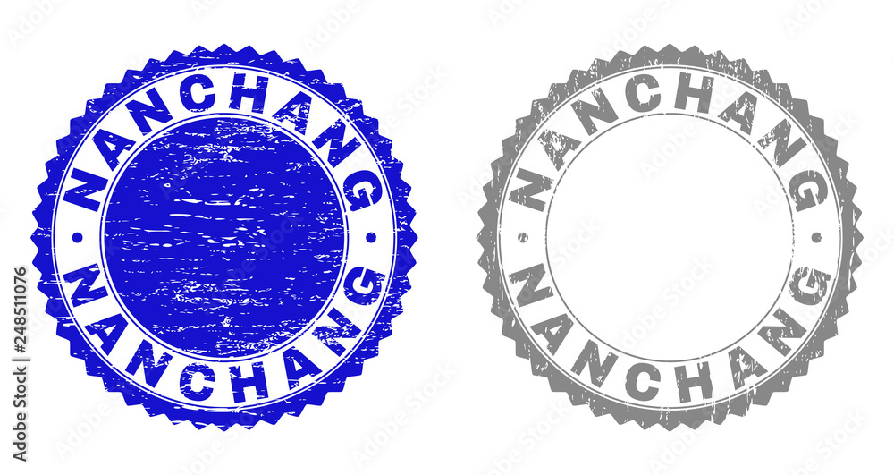 Grunge NANCHANG stamp seals isolated on a white background. Rosette seals with grunge texture in blue and grey colors. Vector rubber stamp imitation of NANCHANG title inside round rosette.