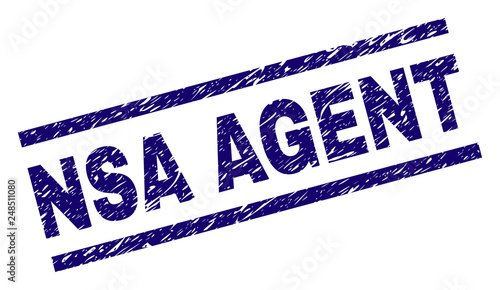 NSA AGENT seal print with distress style. Blue vector rubber print of NSA AGENT title with dust texture. Text title is placed between parallel lines.