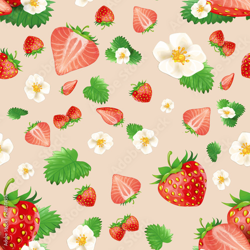 Fototapeta Naklejka Na Ścianę i Meble -  strawberry seamless pattern. Background design for tea, juice, natural cosmetics, sweets and candy with strawberry filling