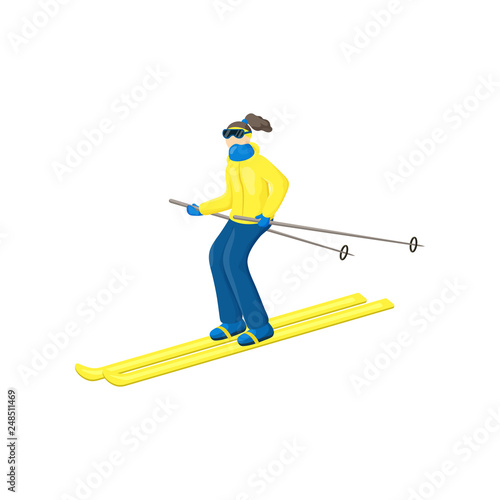 Young woman in a yellow jacket slowly skiing down the mountain