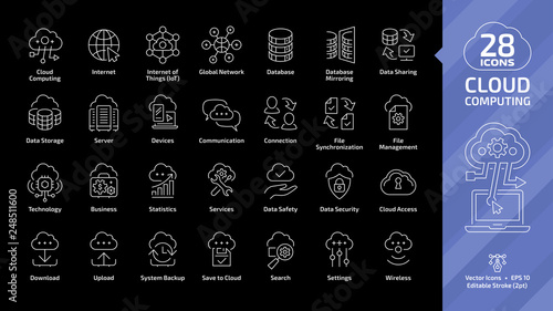 Cloud computing database editable stroke outline icon set on a black background with network digital data server and computer internet technology symbol.