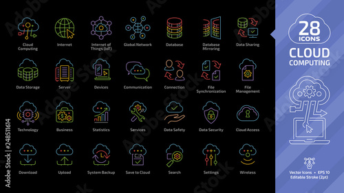 Cloud computing editable stroke outline color icon set on a black background with network digital database server and computer internet data technology colorful thin line pictogram.