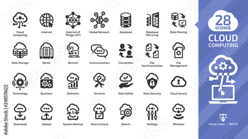 Cloud computing glyph icon set with network data server and internet technology, database platform digital system symbol.