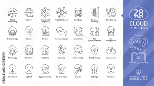 Cloud computing editable stroke outline icon set with global network data server and internet technology, database platform, computer digital system thin line sign.