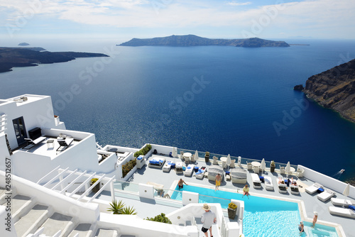 The sea view terrace with swimming pool at luxury hotel, Santorini island, Greece